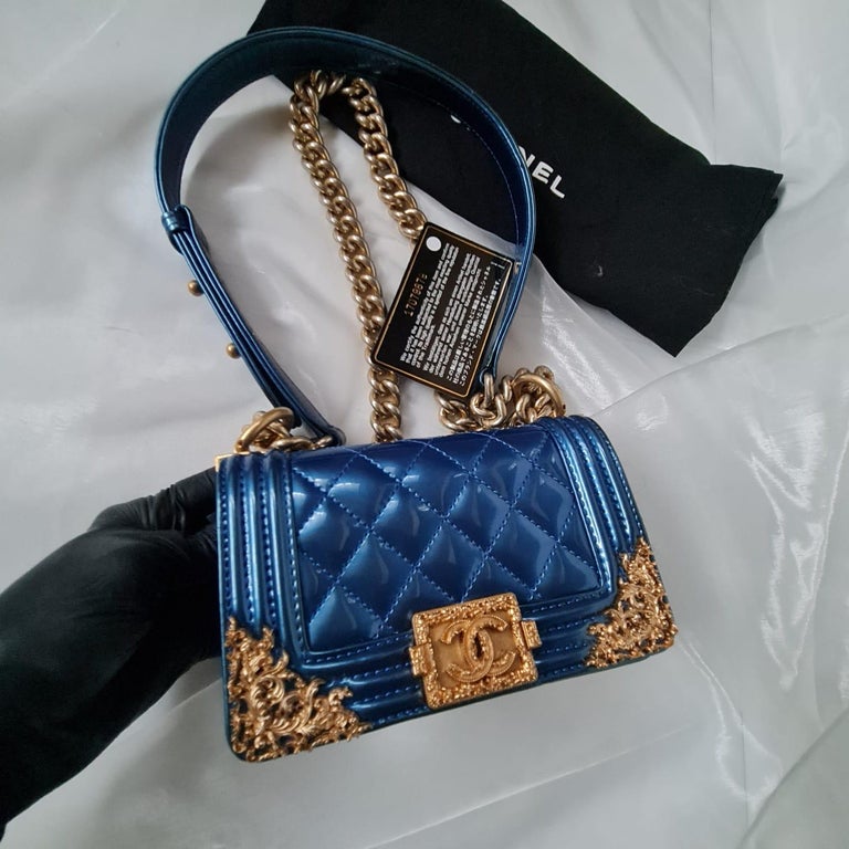 Chanel Blue Patent Quilted Mini Crossbody Boy Bag For Sale at 1stDibs