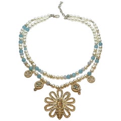 Chanel Blue & Pearl Bead Pendant Necklace, 2017