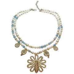 Chanel Pearl & Blue Bead Bee Pendant Necklace, 2017