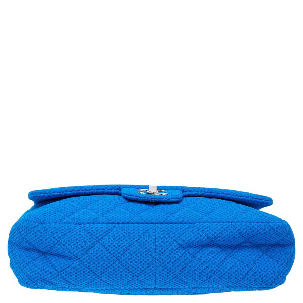 Chanel Blue Perforated Quilted Fabric Medium Classic Single Flap Bag In Good Condition In Dubai, Al Qouz 2