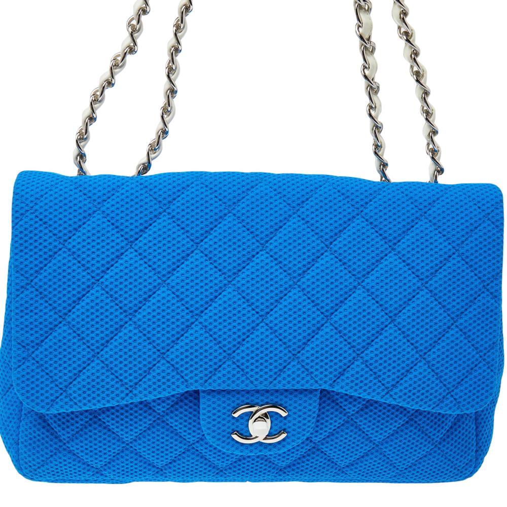 Chanel Blue Perforated Quilted Fabric Medium Classic Single Flap Bag 2