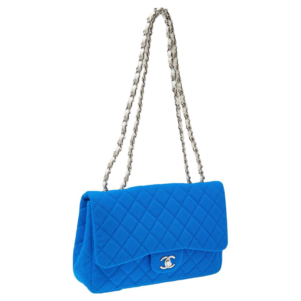 Chanel Blue Perforated Quilted Fabric Medium Classic Single Flap Bag 3