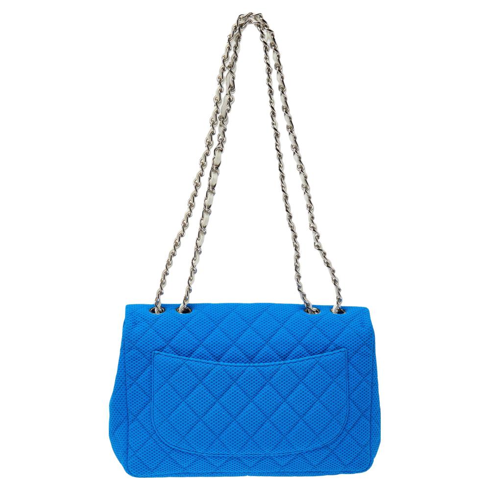 Chanel Blue Perforated Quilted Fabric Medium Classic Single Flap Bag 4