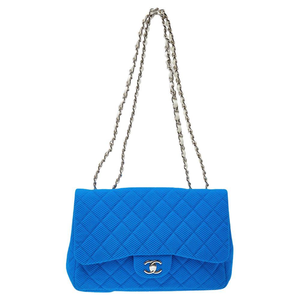 Chanel Blue Perforated Quilted Fabric Medium Classic Single Flap Bag