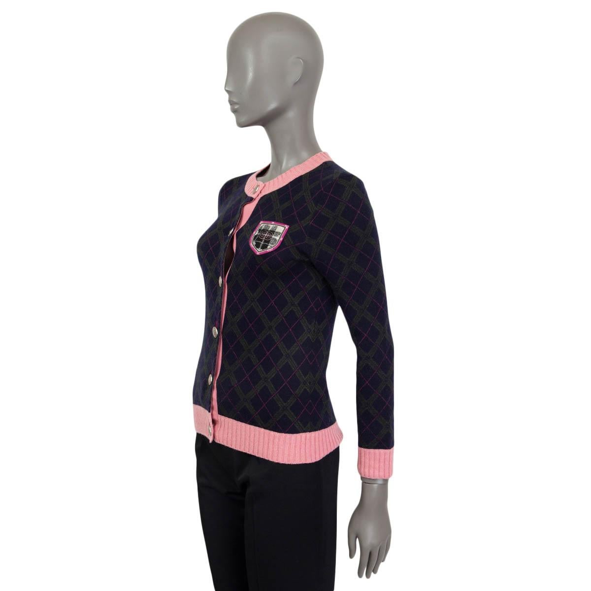 Black CHANEL blue & pink cashmere 2013 EDINBURGH ARGYLE Cardigan Sweater 34 XXS For Sale