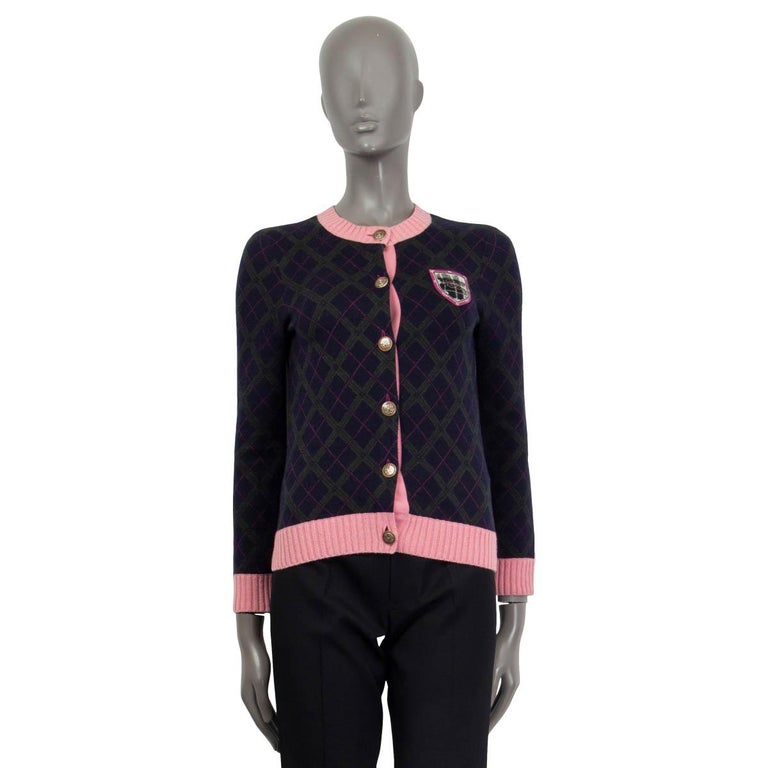 CHANEL blue and pink cashmere 2013 EDINBURGH ARGYLE Cardigan Sweater 34 XXS