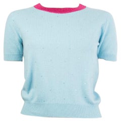CHANEL blue & pink cashmere LUREX Short Sleeve Sweater 40 M