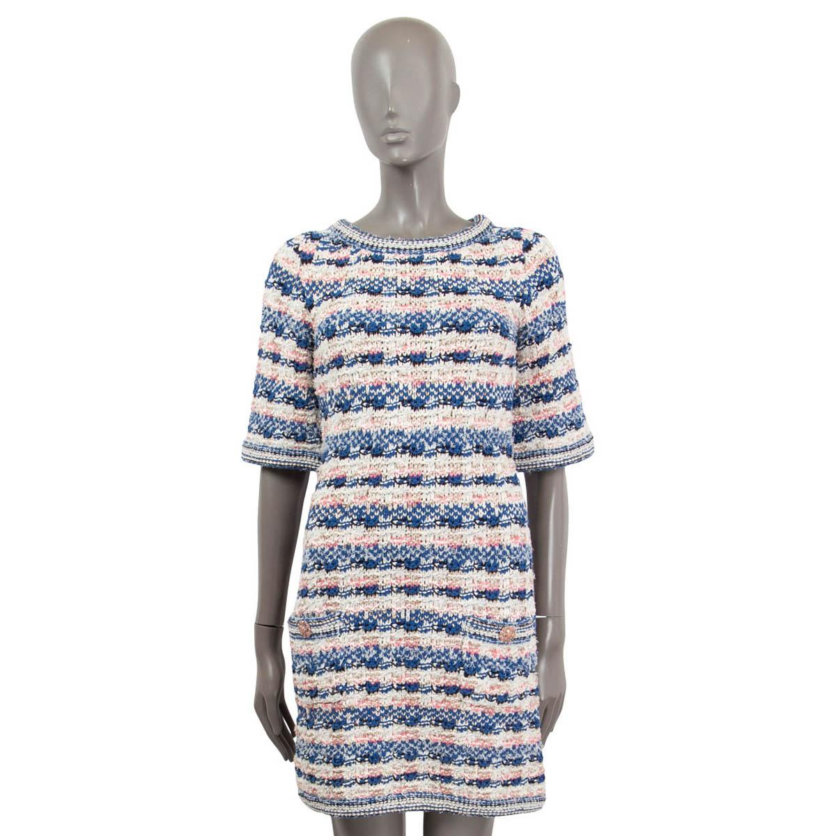 Women's CHANEL blue pink ivory viscose 2015 15C DUBAI Short Sleeve Knit Dress 34 XXS