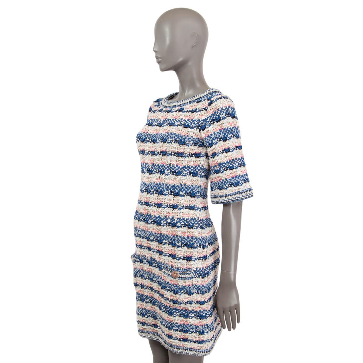 CHANEL blue pink ivory viscose 2015 15C DUBAI Short Sleeve Knit Dress 34 XXS 1