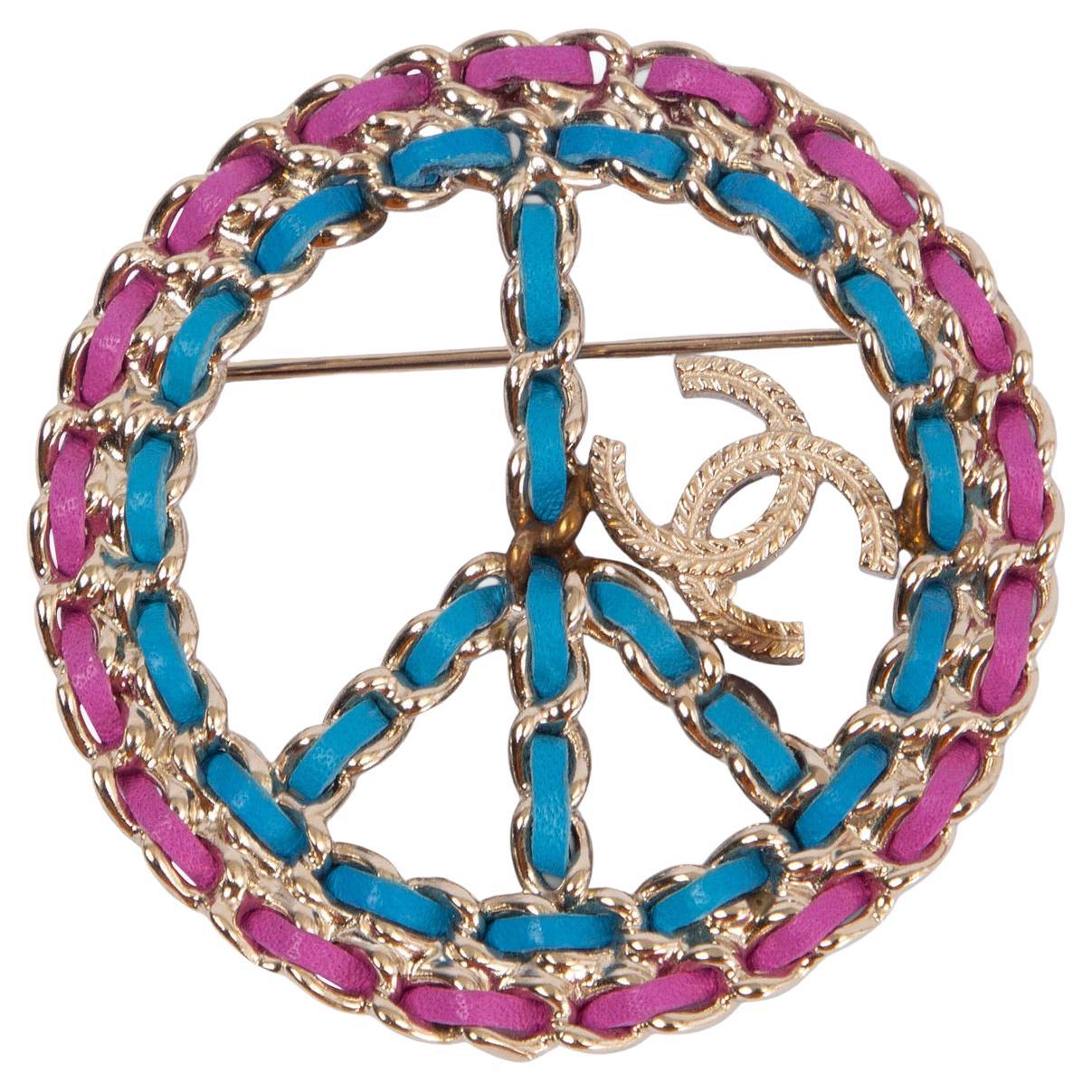 CHANEL blue & pink leather & chain 2018 18P PEACE SIGN Brooch