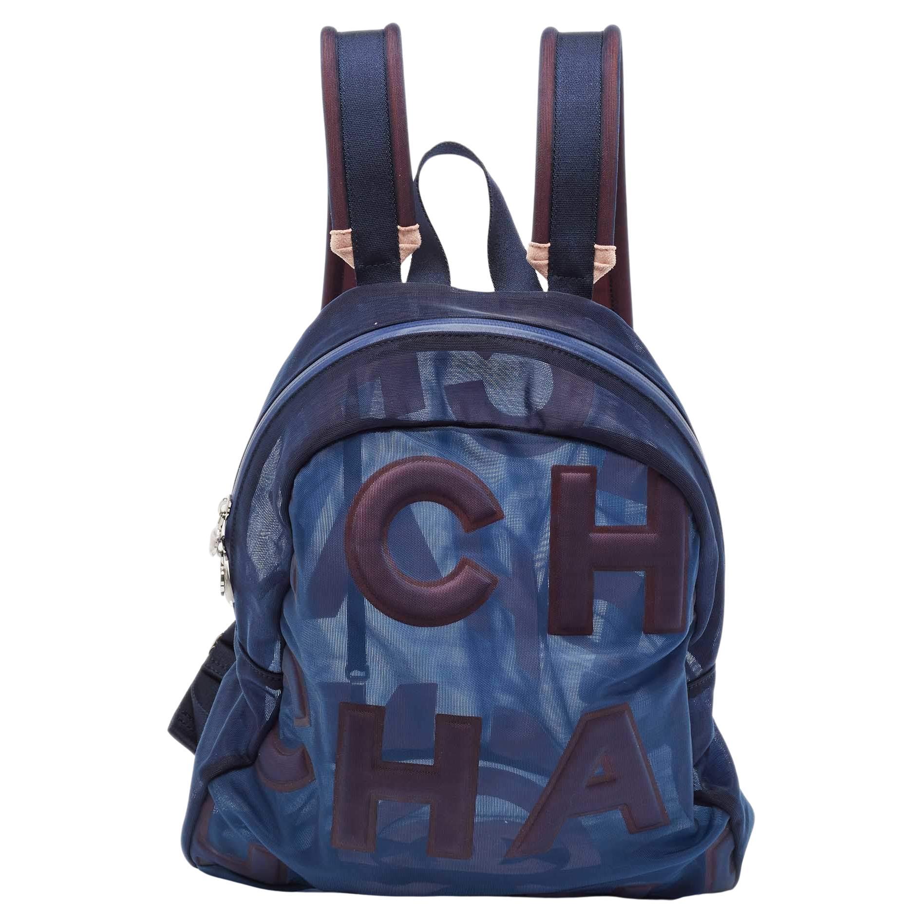 Chanel Blue Pink Mesh Logo Backpack For Sale at 1stDibs