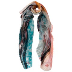 Chanel Blue 
Pink Printed Silk 
Cashmere Shawl
