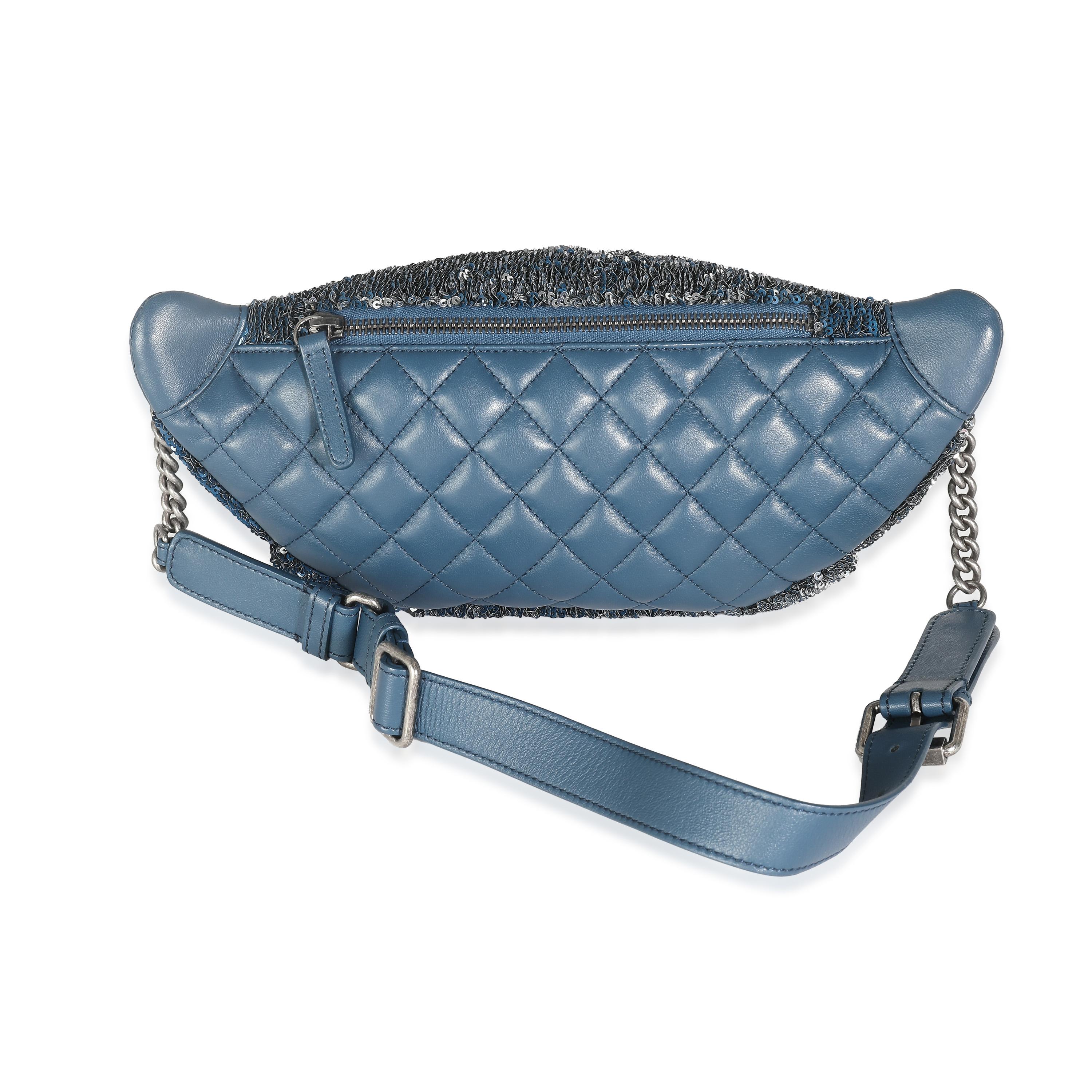Listing Title: Chanel Blue Pink Sequin Coco Cuba Waist Belt Bag
SKU: 140514
Condition: Pre-owned 
Condition Description: Intrinsically Chanel, the medium Coco top handle bag was named after the maison's founder. Introduced in 2015, the bag instantly