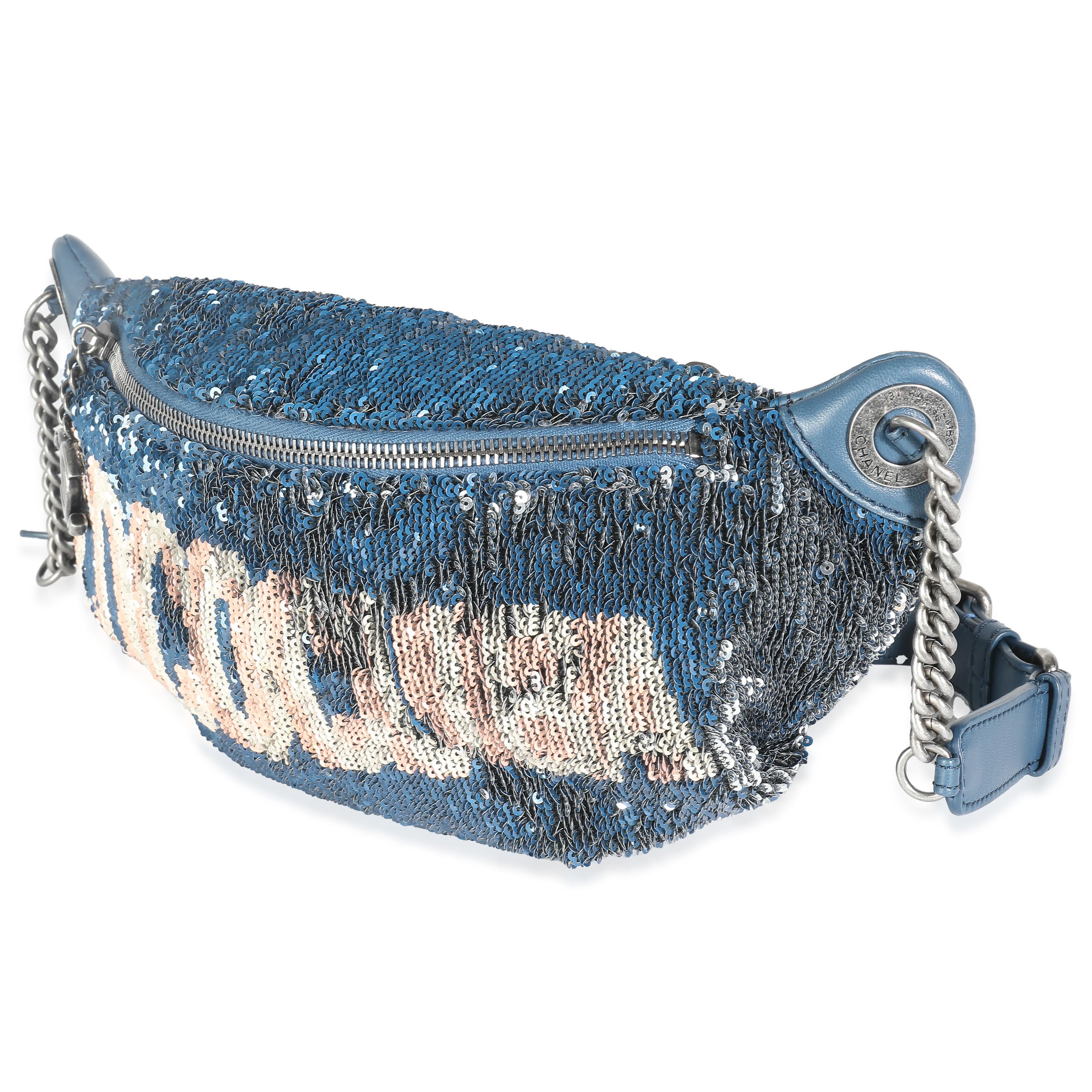 Chanel Blue Pink Sequin Coco Cuba Waist Belt Bag In Excellent Condition For Sale In New York, NY