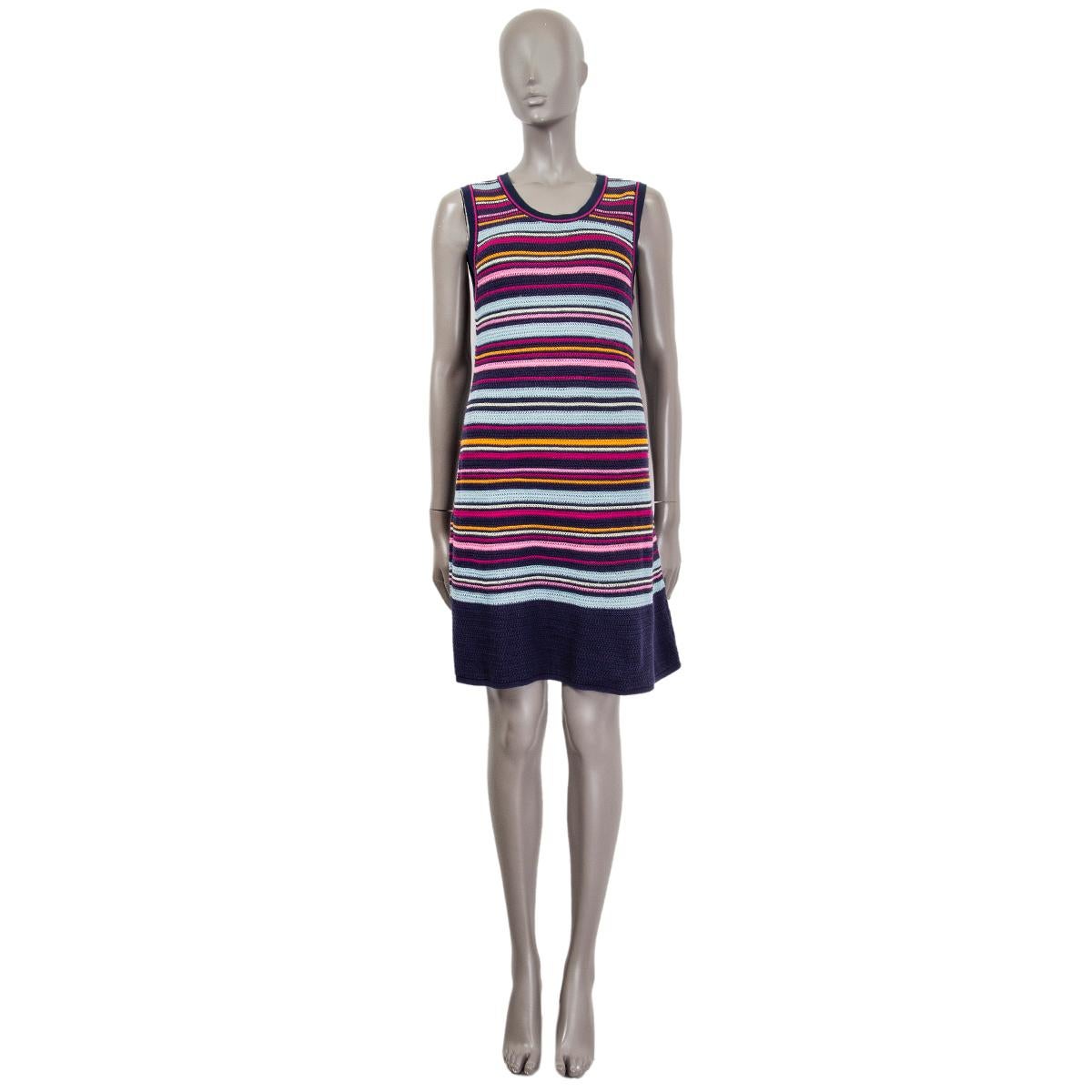 100% authentic Chanel striped sleevless dress in navy, pink, baby blue, baby pink and mustard cotton (91%) and cashmere (9%). Key-hole detail on the back. Has been worn and is in excellent condition. 

2011 Spring/Summer

Measurements
Tag