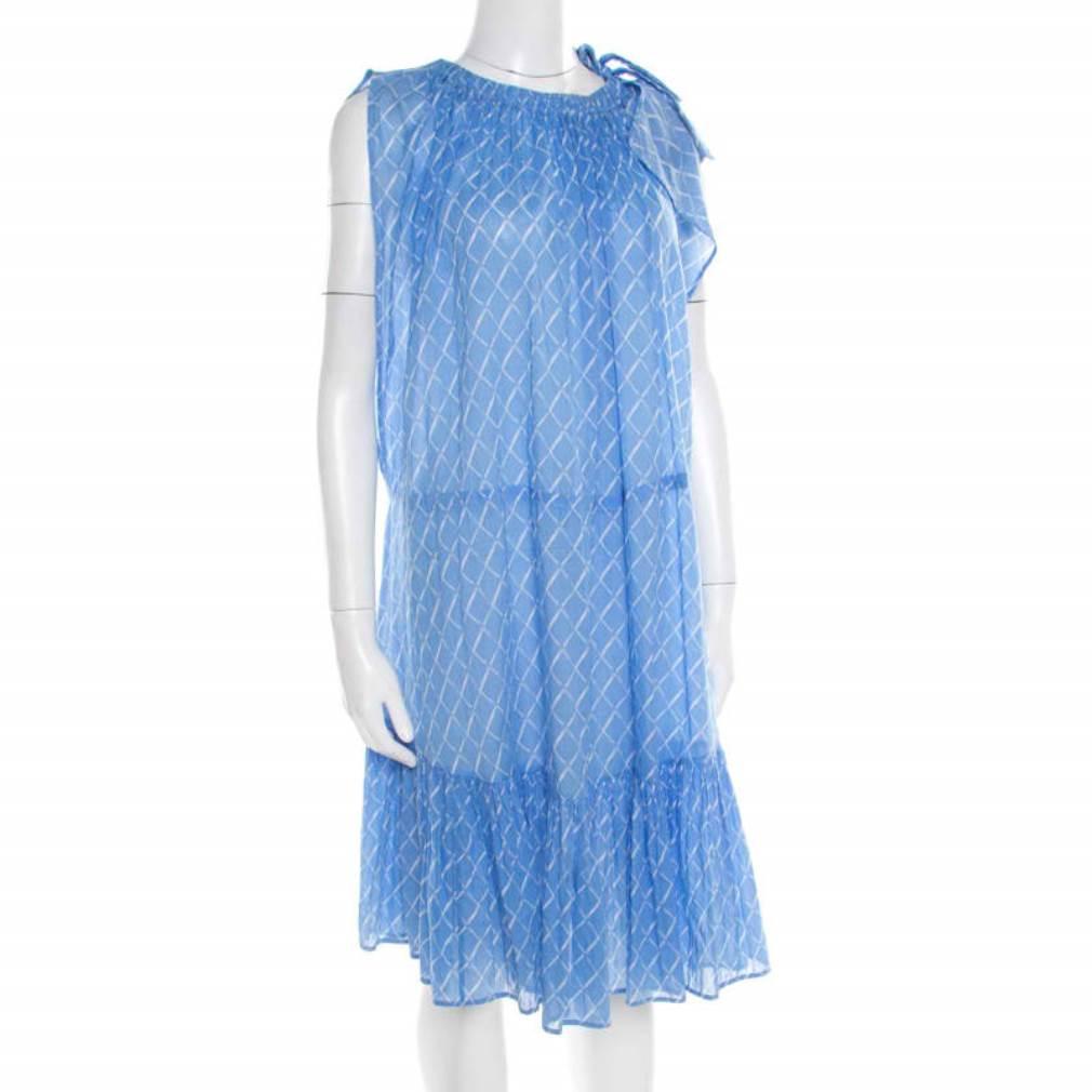 Chanel Blue Printed Cotton Shoulder Tie Detail Dress M In Good Condition In Dubai, Al Qouz 2