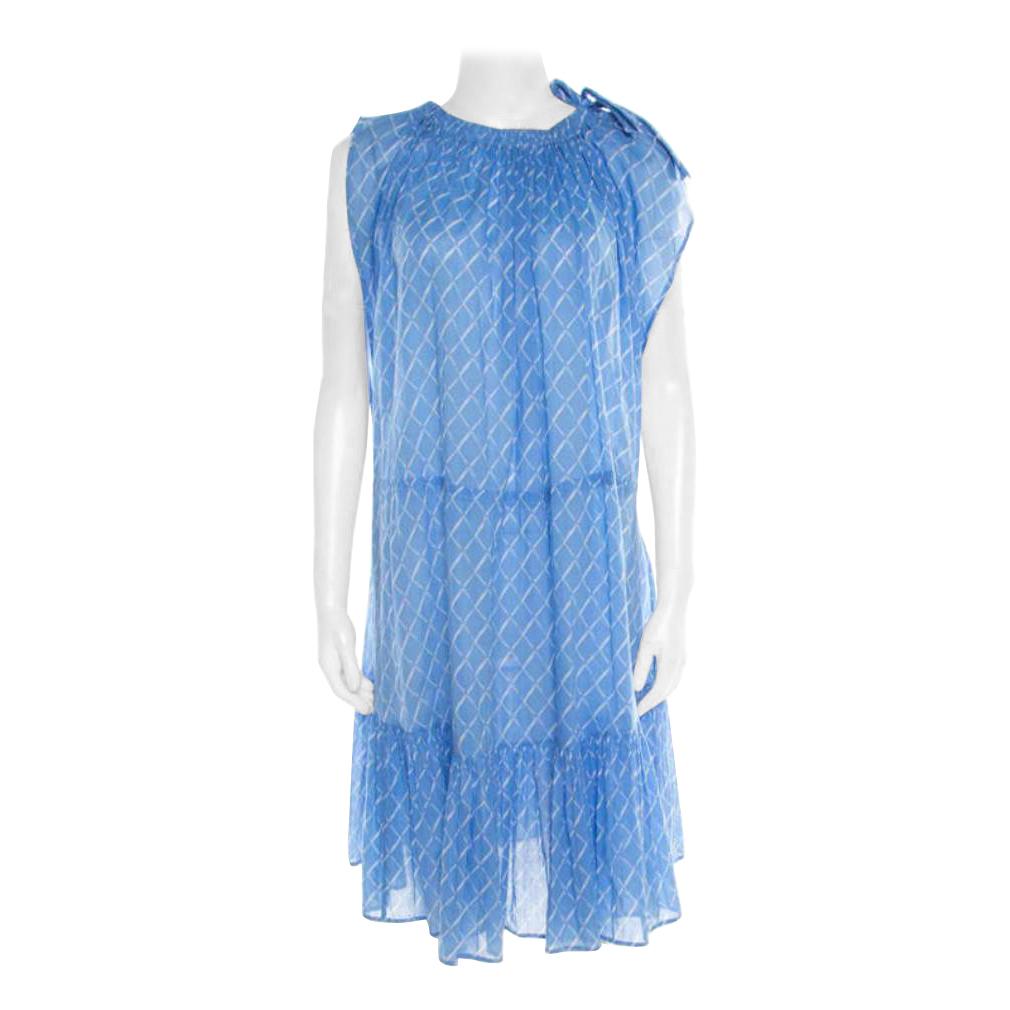 Chanel Blue Printed Cotton Shoulder Tie Detail Dress M