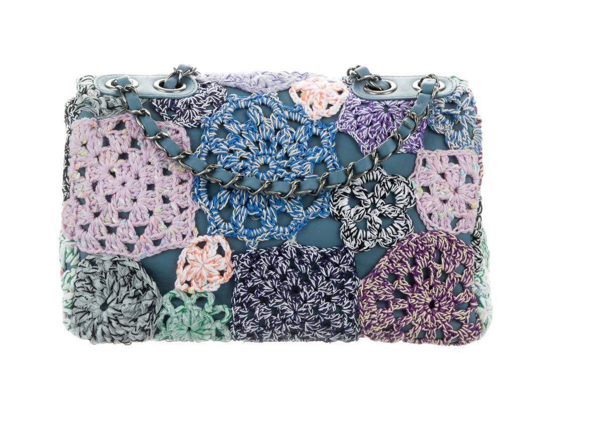 Gray Chanel Blue Purple Flower Crochet Leather Medium Evening Shoulder Flap Bag