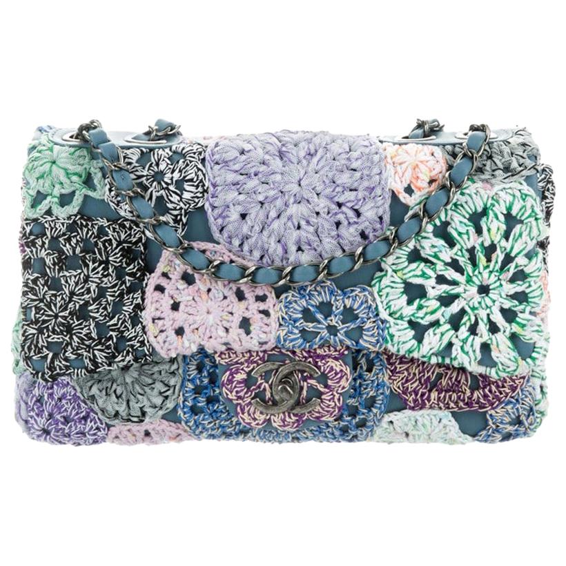 Chanel Blue Purple Flower Crochet Leather Medium Evening Shoulder Flap Bag For Sale
