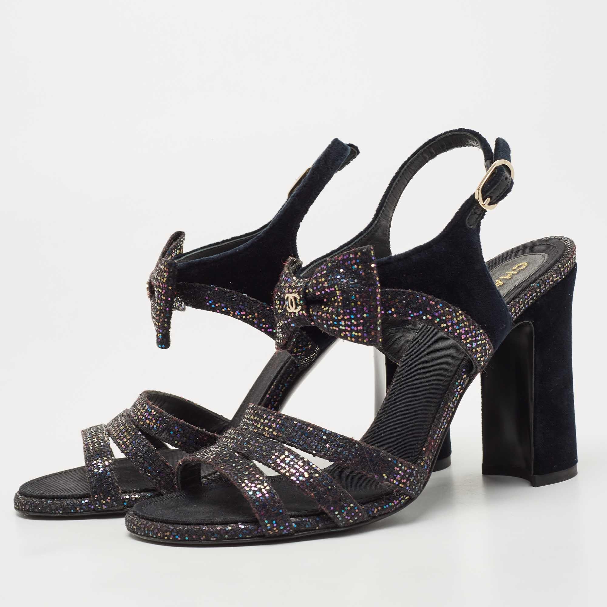 Women's Chanel Blue/Purple Velvet and Glitter Bow Sandals Size 39