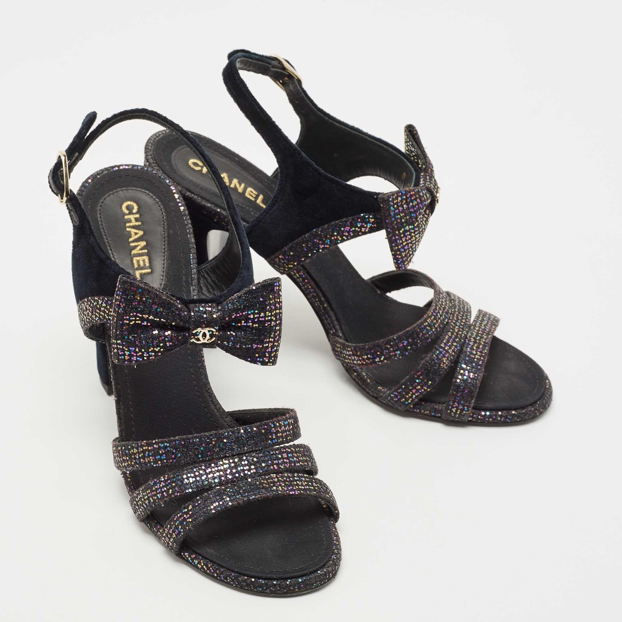 Chanel Blue/Purple Velvet and Glitter Bow Sandals Size 39 1