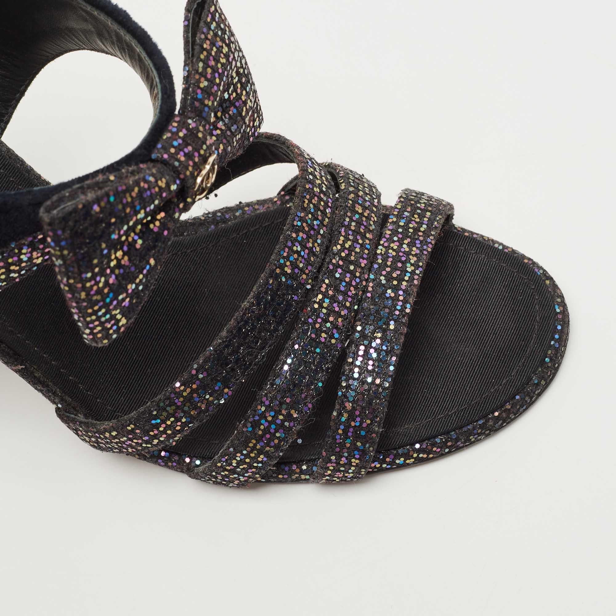 Chanel Blue/Purple Velvet and Glitter Bow Sandals Size 39 2