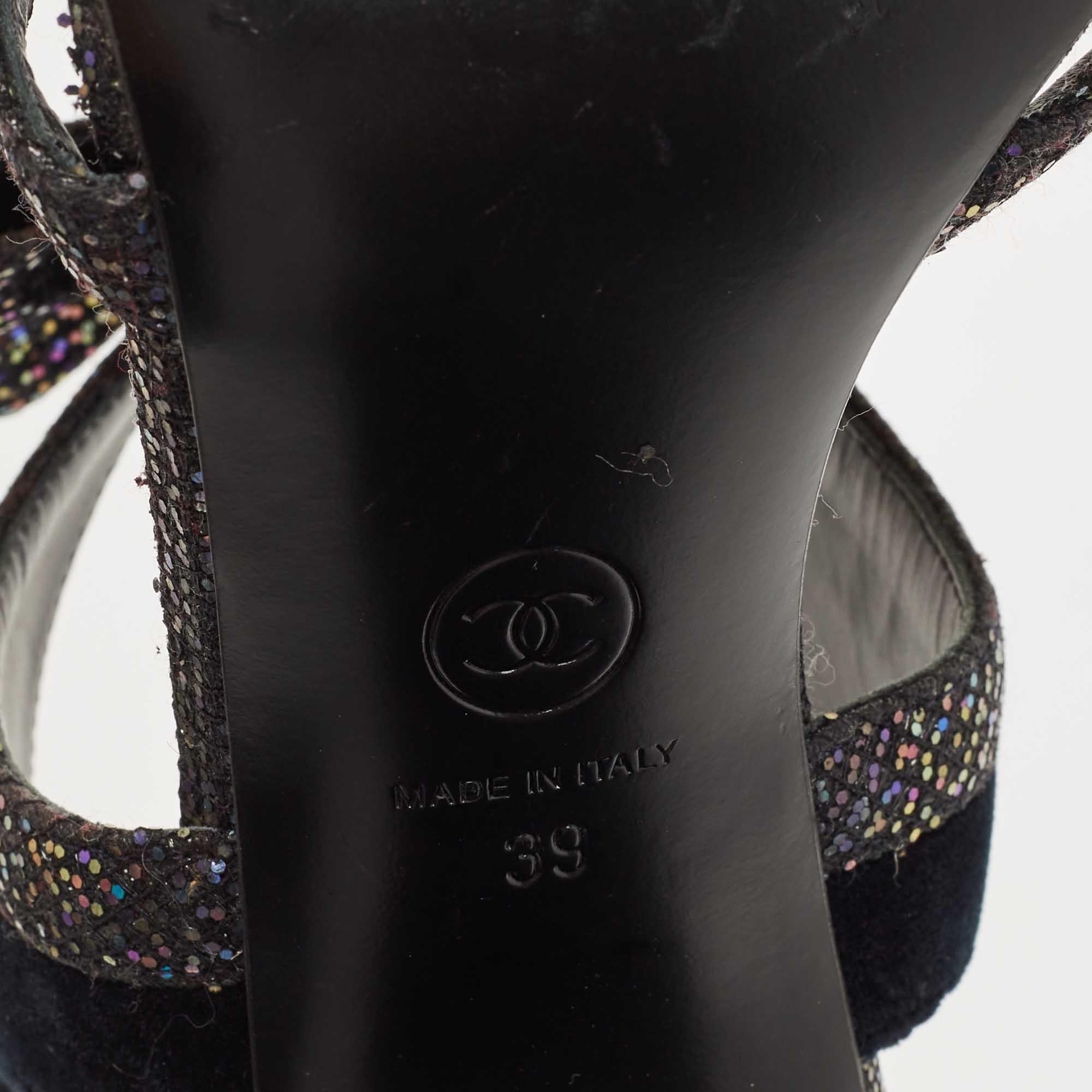 Chanel Blue/Purple Velvet and Glitter Bow Sandals Size 39 3