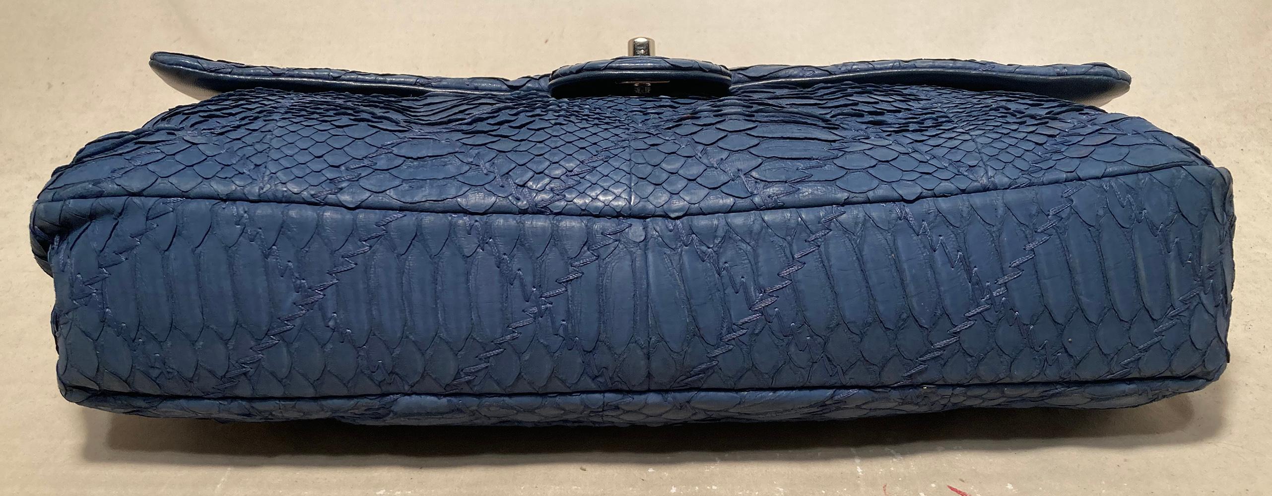 Chanel Blue Python Snakeskin XL Classic Flap Shoulder Bag In Excellent Condition In Philadelphia, PA