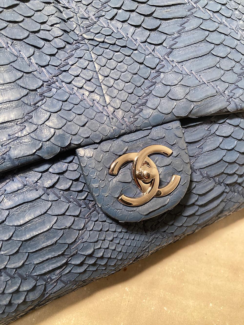 Women's Chanel Blue Python Snakeskin XL Classic Flap Shoulder Bag