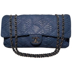 Chanel Blue Python Snakeskin XL Classic Flap Shoulder Bag
