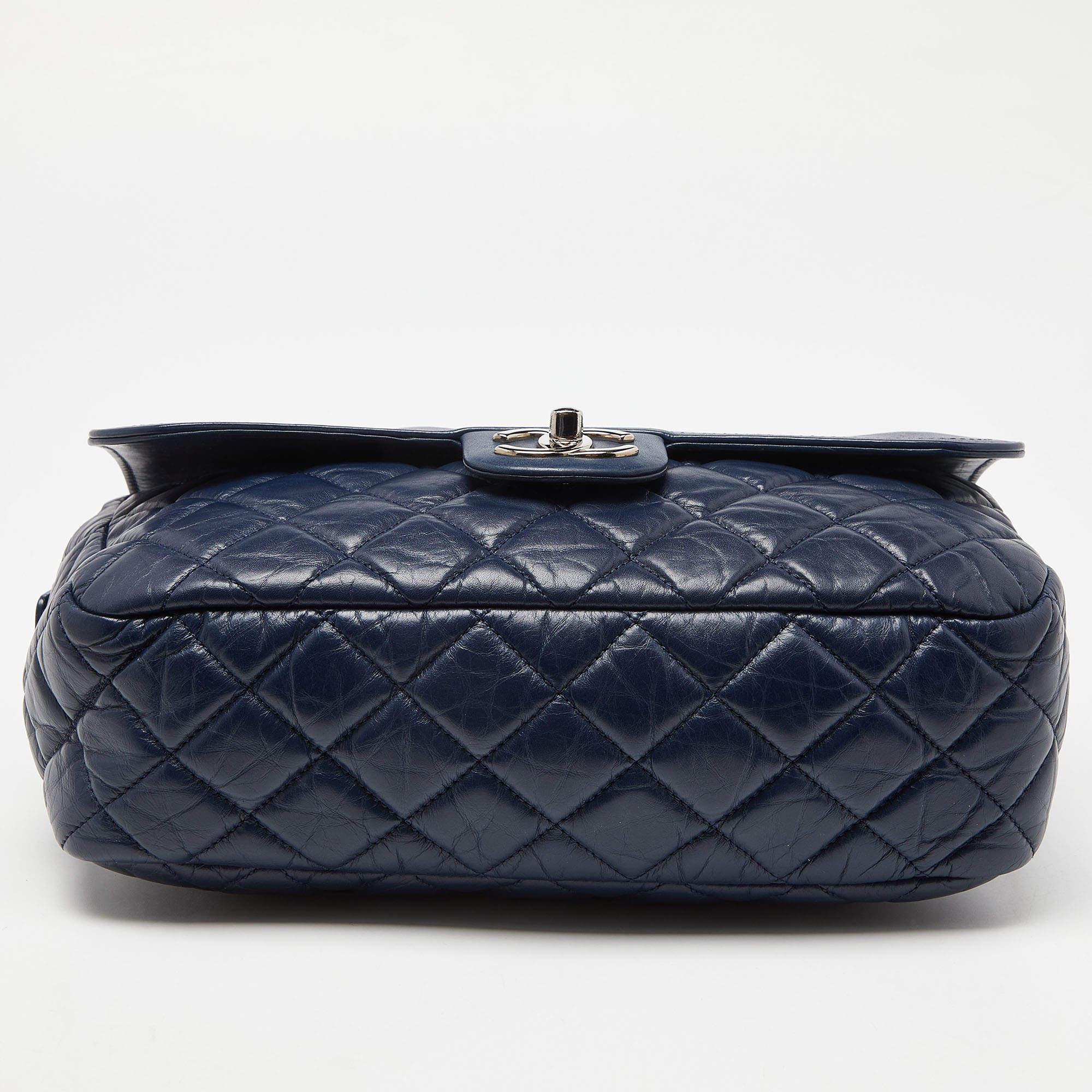 Black Chanel Blue Quilted Aged Leather Flap Shoulder Bag For Sale