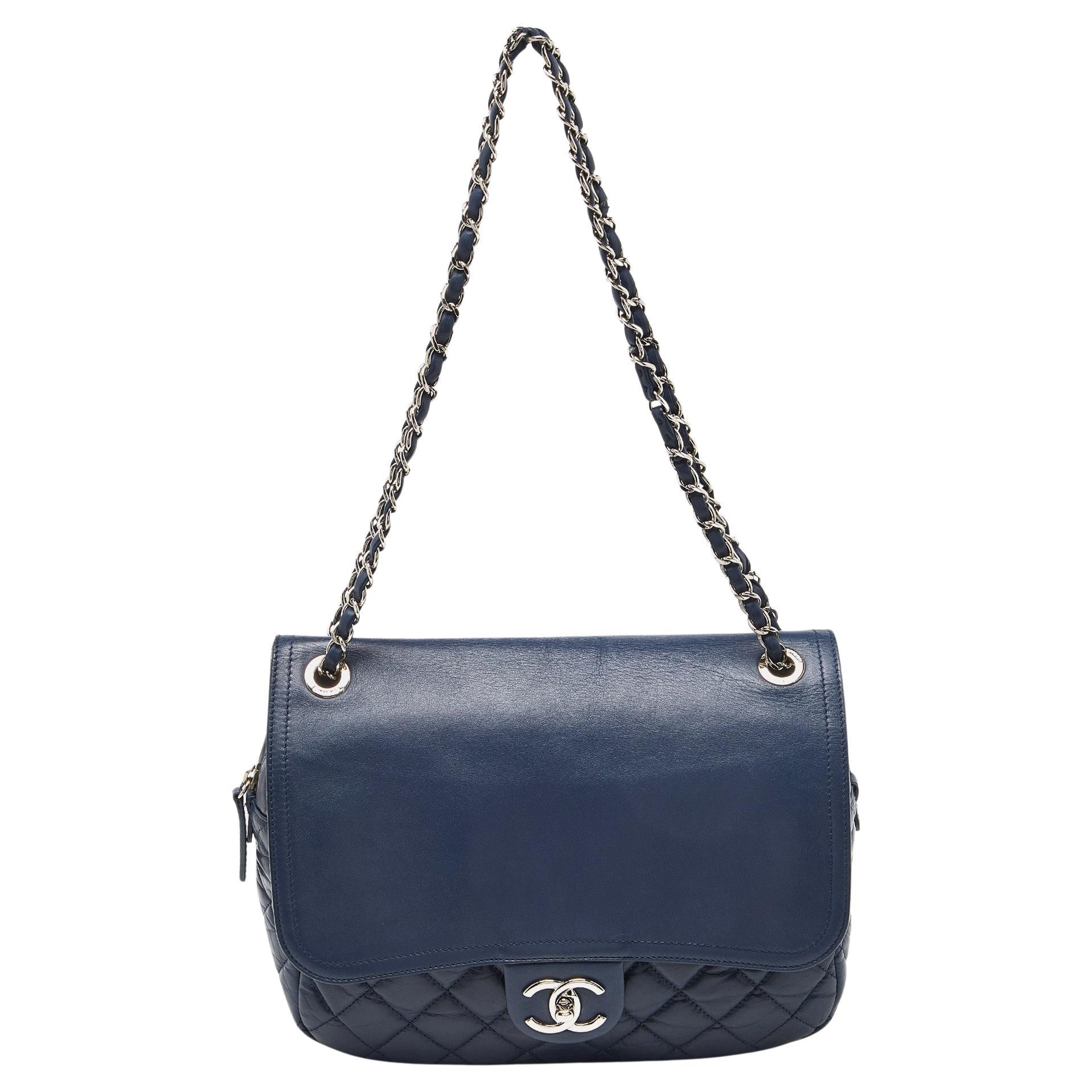 Chanel Blue Quilted Aged Leather Flap Shoulder Bag For Sale