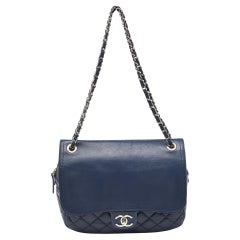 Used Chanel Blue Quilted Aged Leather Flap Shoulder Bag