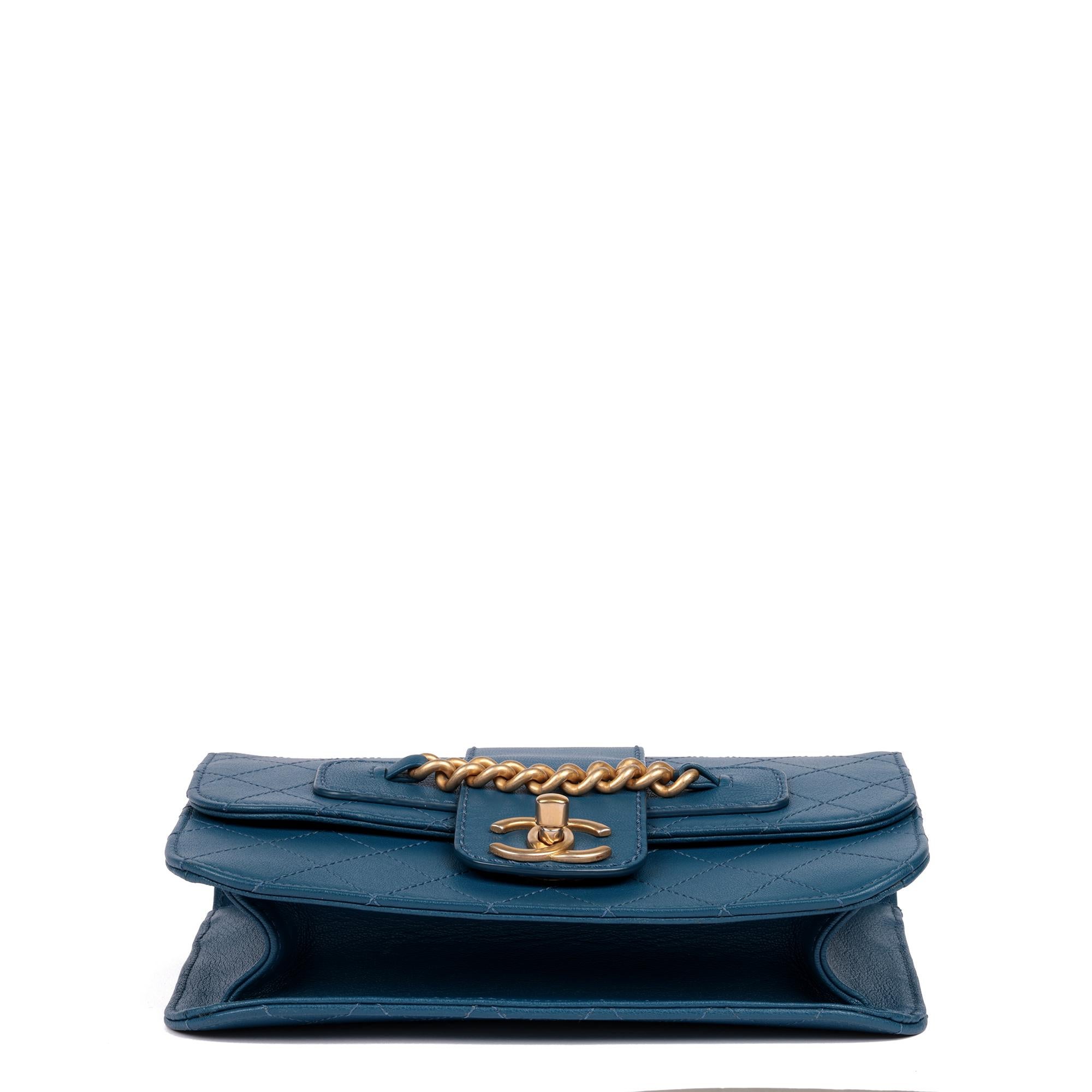 CHANEL Blue Quilted Calfskin Leather Mini Chain Front Classic Single Flap Bag For Sale 2