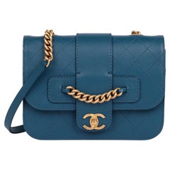 CHANEL Blue Quilted Calfskin Leather Mini Chain Front Classic Single Flap Bag