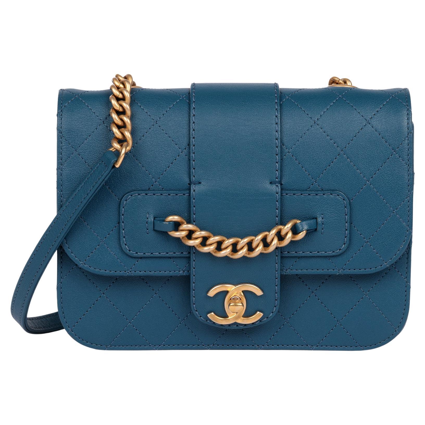 CHANEL Blue Quilted Calfskin Leather Mini Chain Front Classic Single Flap Bag For Sale
