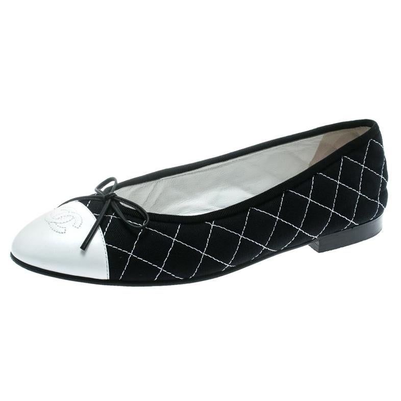 Chanel Blue Quilted Canvas With White CC Bow Cap Toe Ballet Flats Size ...