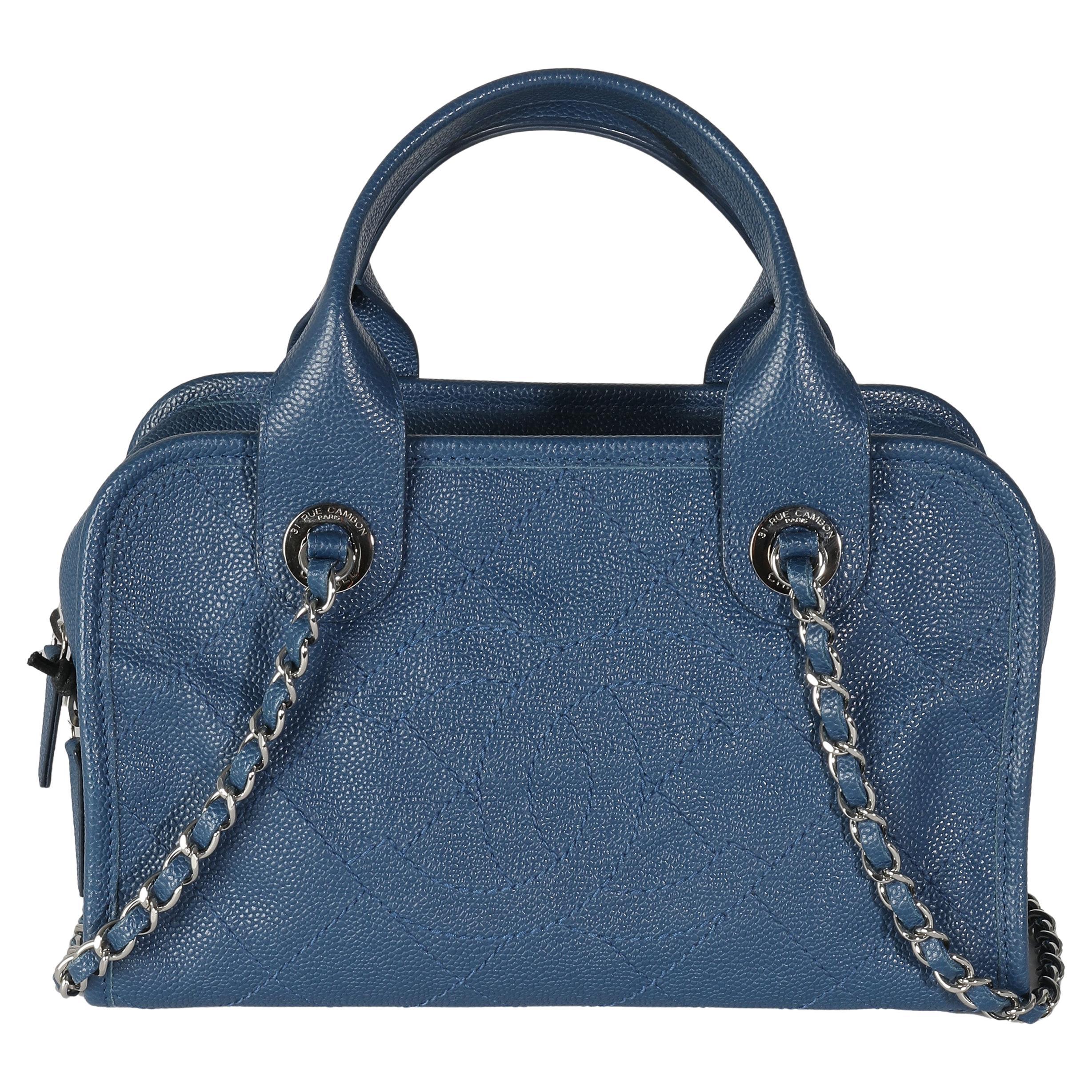 Chanel Blue Quilted Caviar Deauville Bowling Handbag