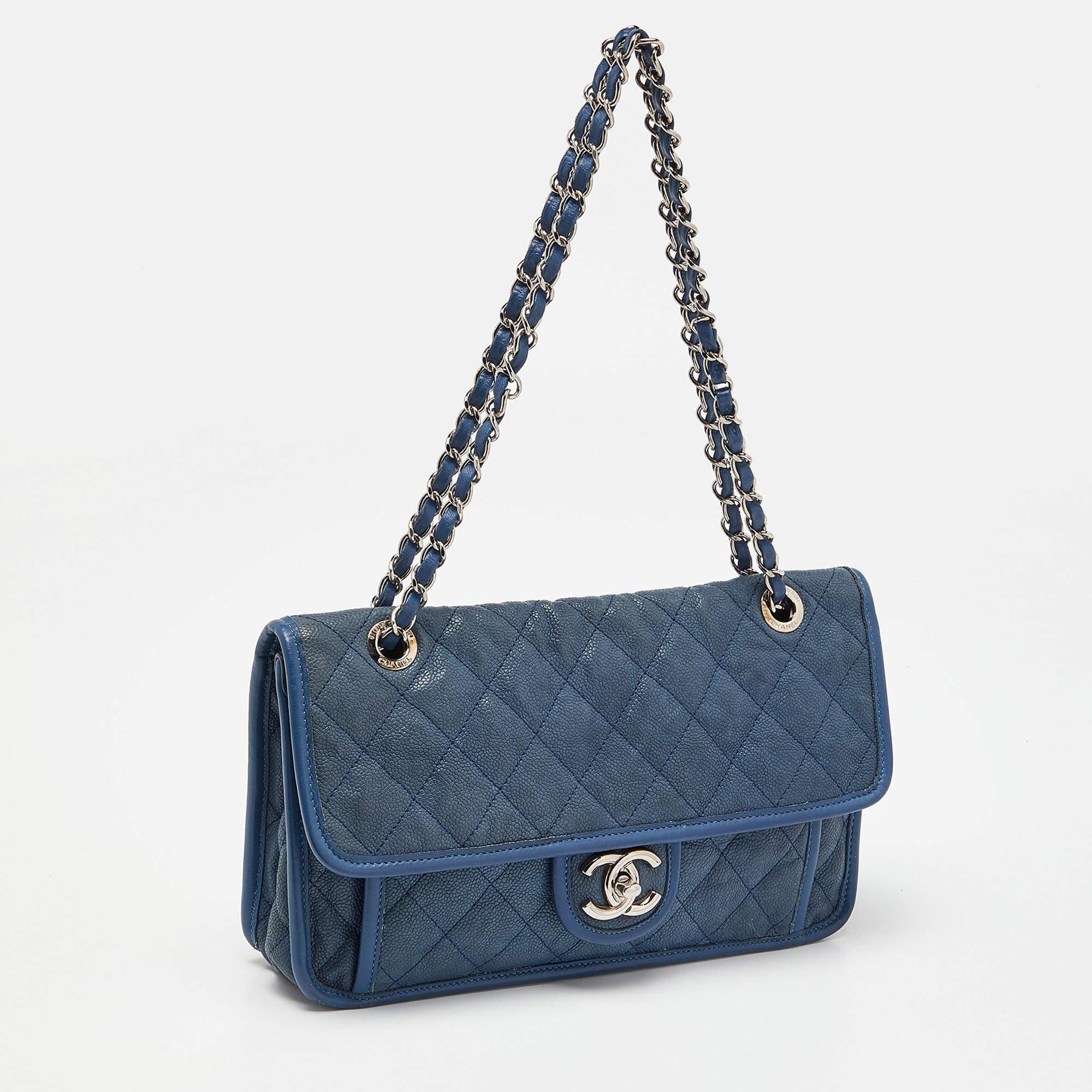 Chanel Blue Quilted Caviar Leather CC French Riviera Flap Bag In Fair Condition For Sale In Dubai, Al Qouz 2