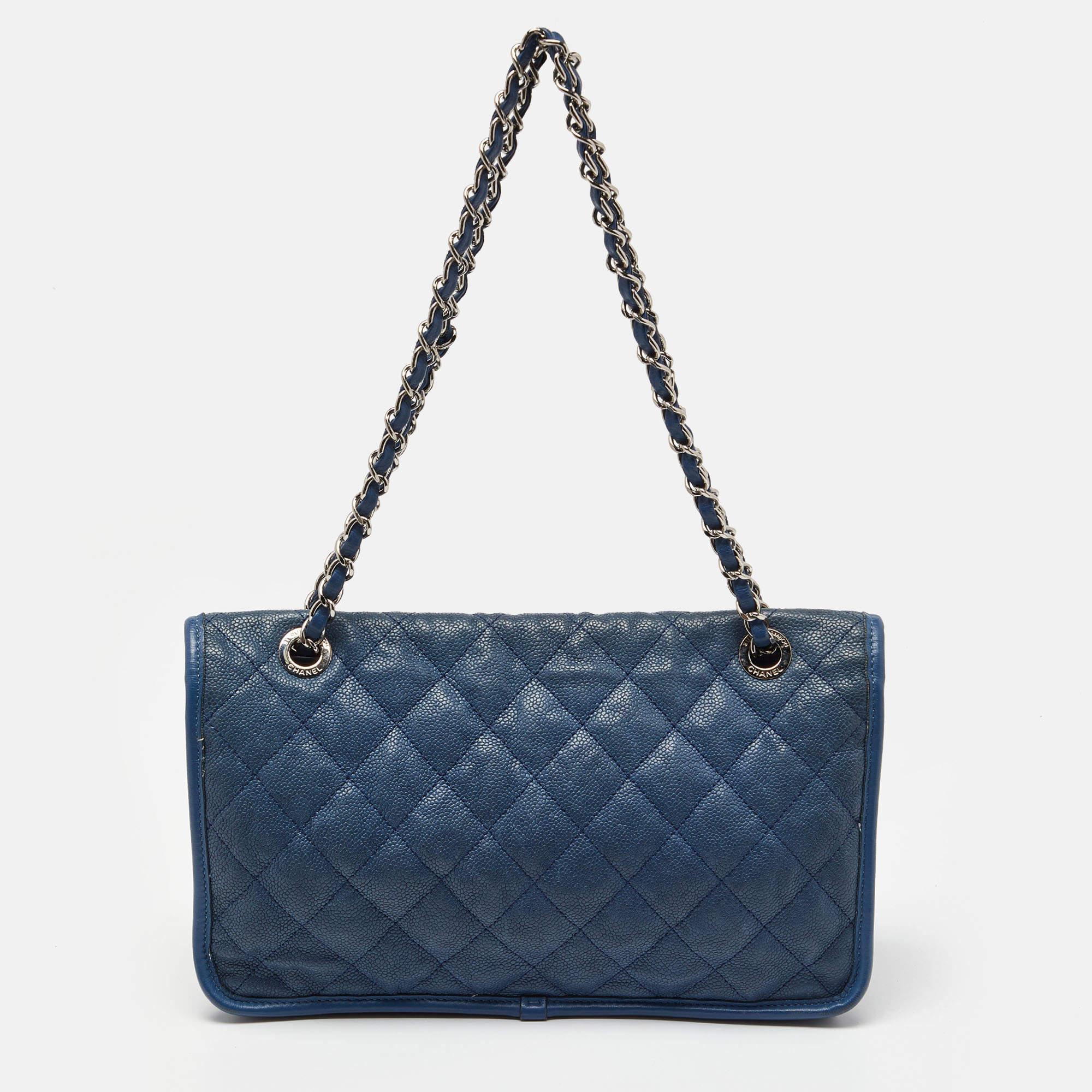 Women's Chanel Blue Quilted Caviar Leather CC French Riviera Flap Bag For Sale