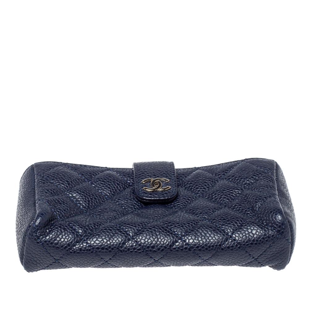 Black Chanel Blue Quilted Caviar Leather CC Phone Holder Clutch