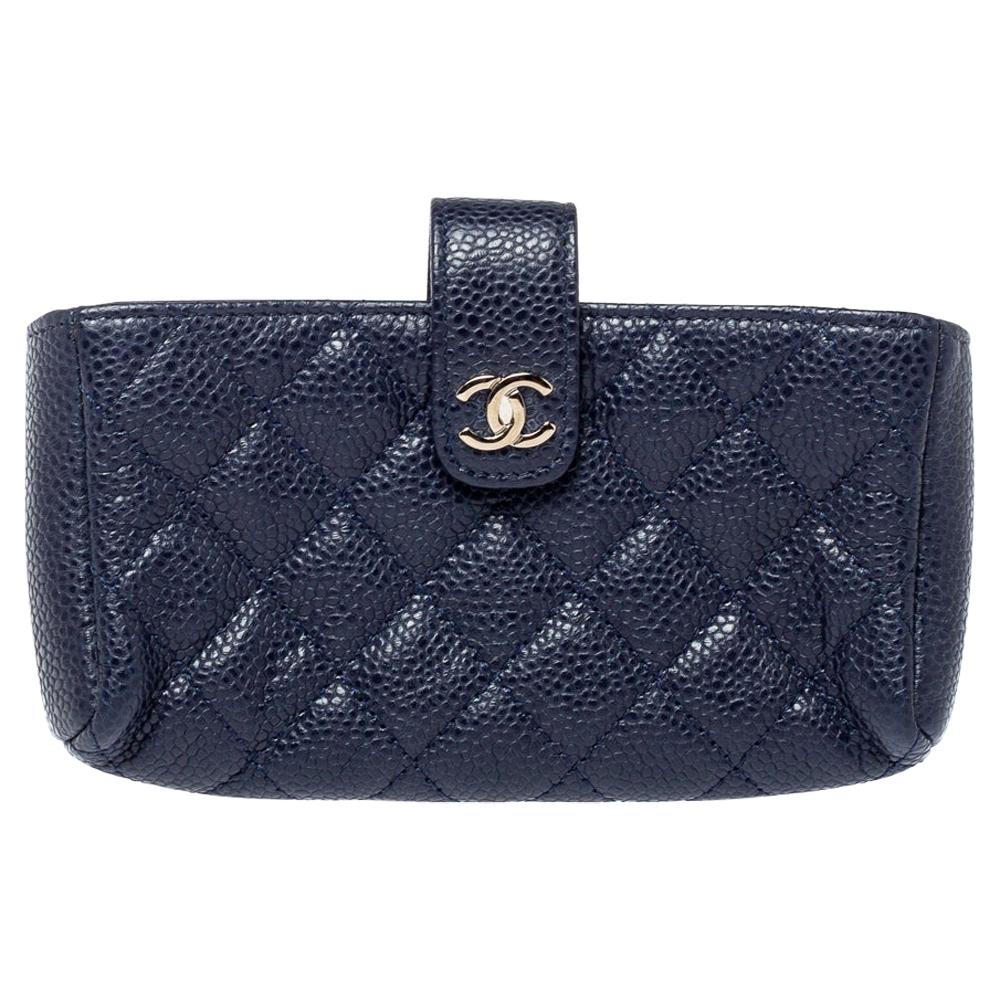 Chanel Blue Quilted Caviar Leather CC Phone Holder Clutch