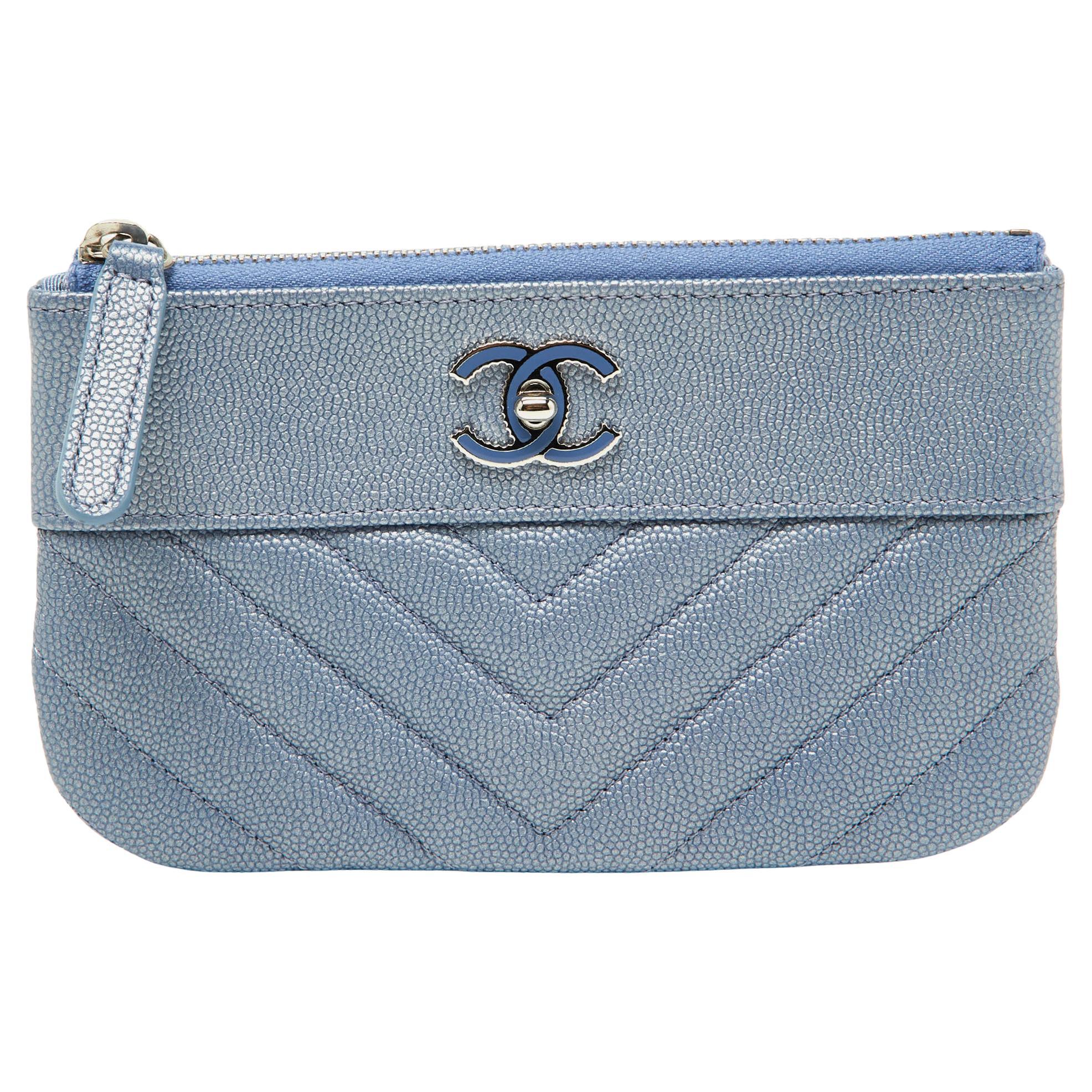 Chanel Blue Quilted Caviar Leather CC Zip Pouch