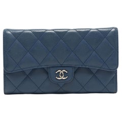 Retro Chanel Blue Quilted Caviar Leather Classic Flap Wallet