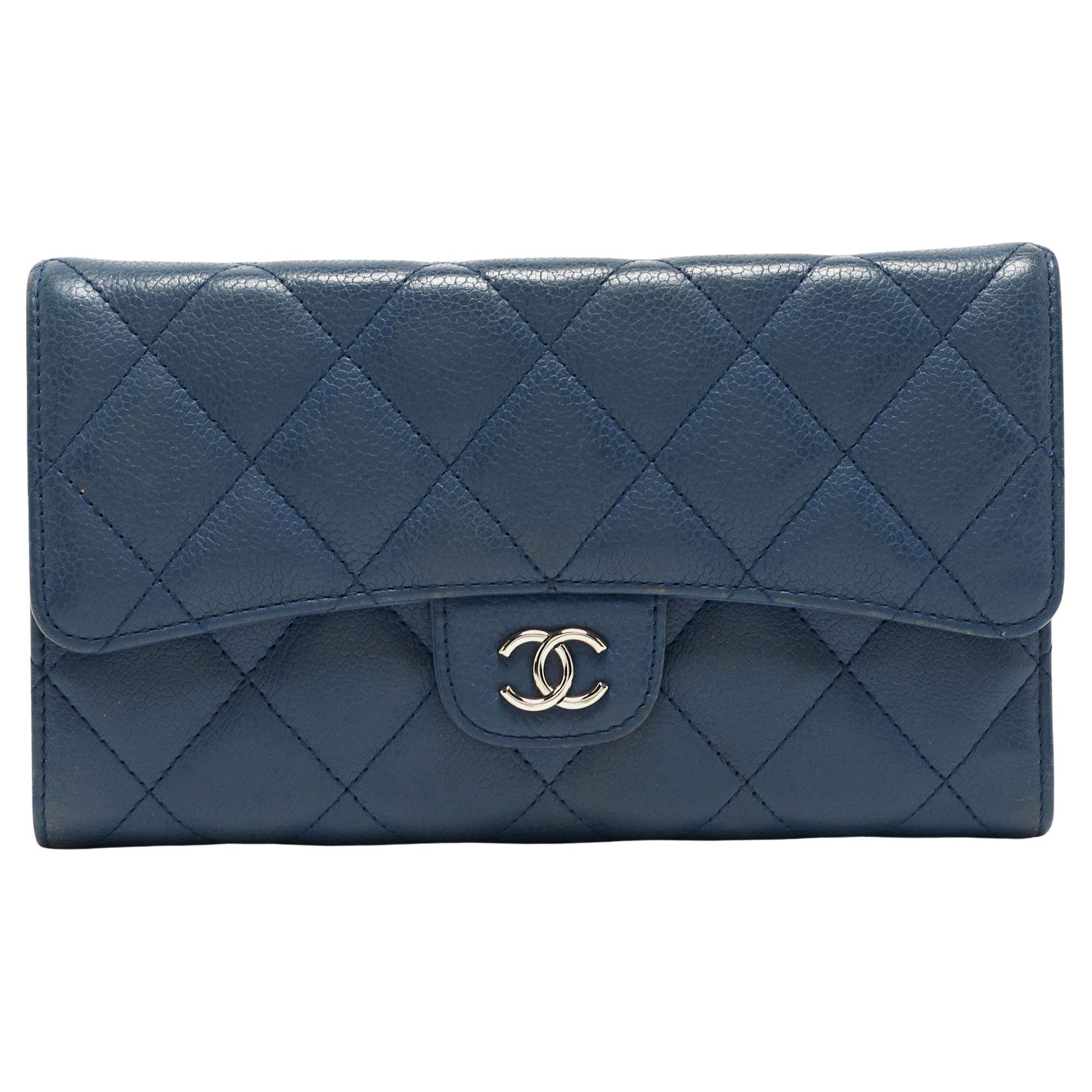 Chanel Blue Quilted Caviar Leather Classic Flap Wallet For Sale