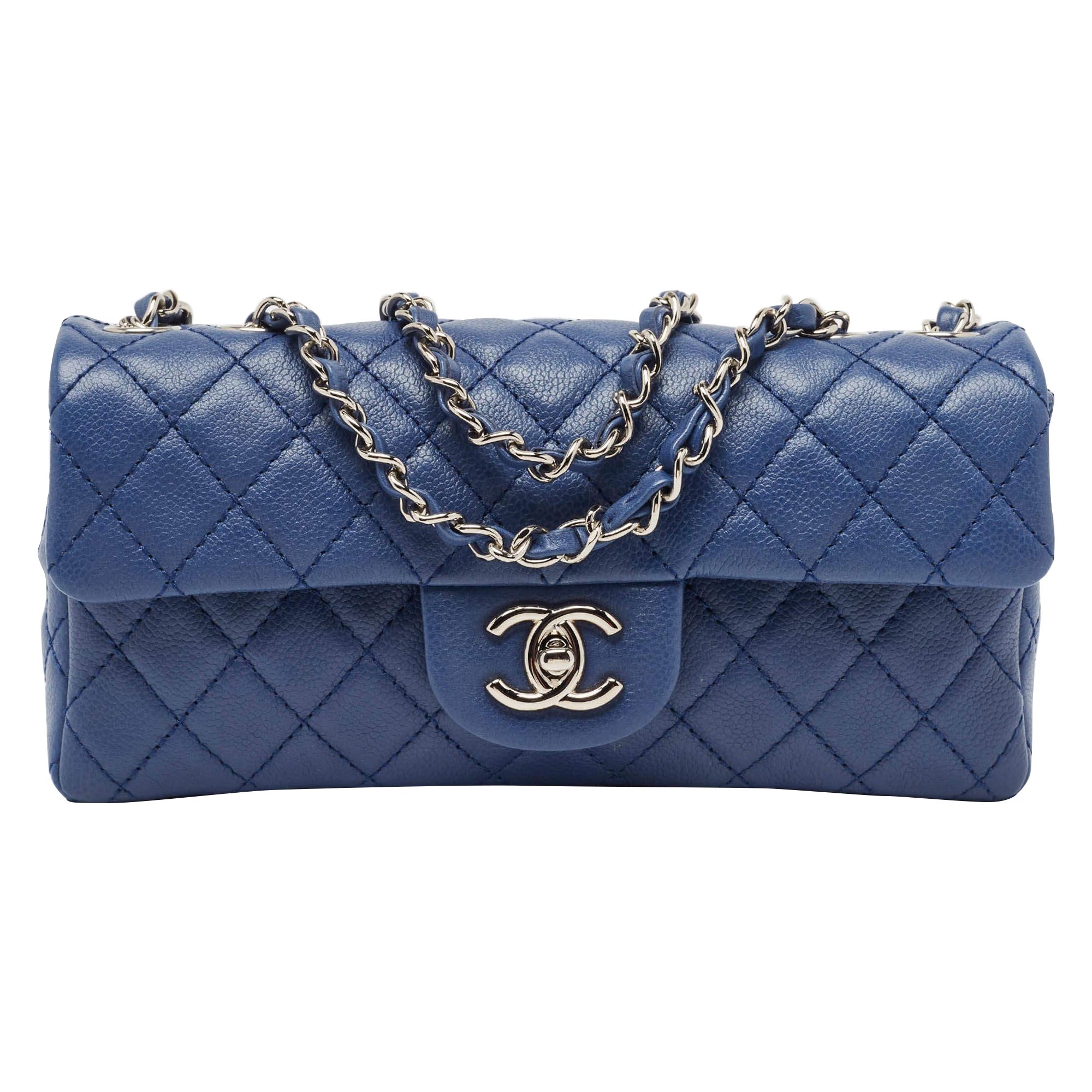 Chanel Blue Quilted Caviar Leather East/West Classic Flap Bag
