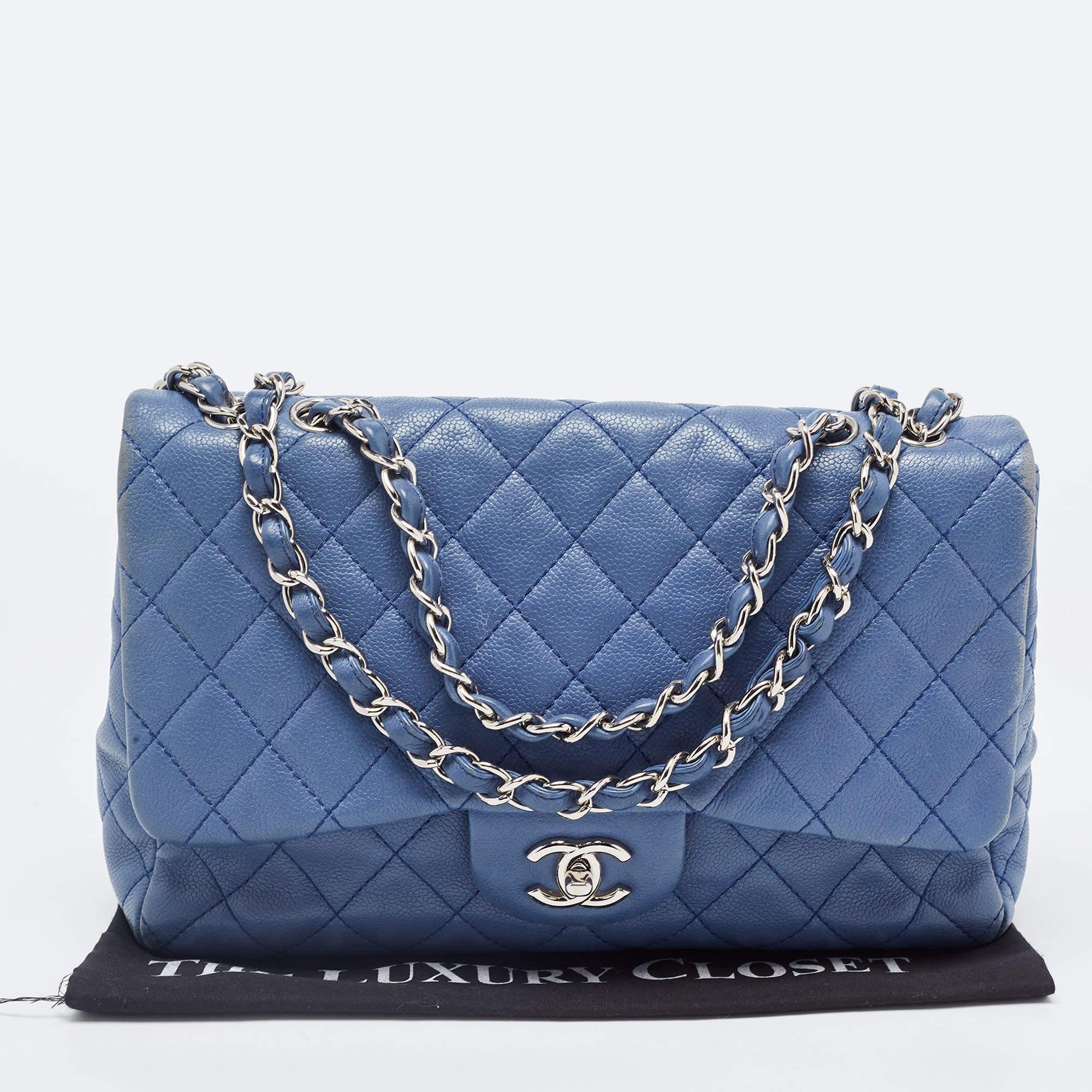 Chanel Blue Quilted Caviar Leather Jumbo Classic Single Flap Bag For Sale 6