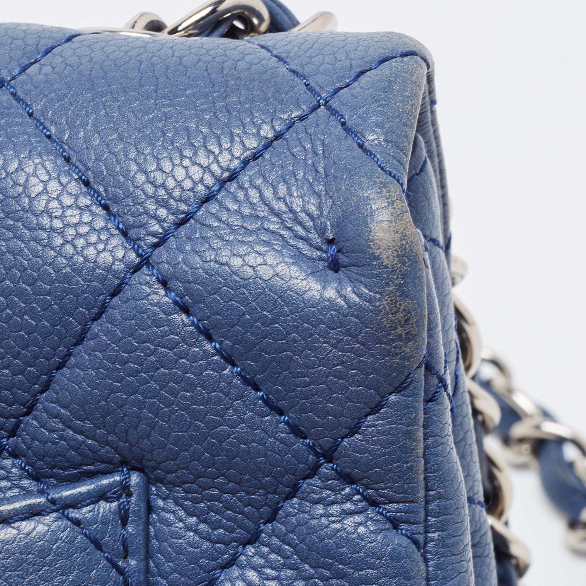 Chanel Blue Quilted Caviar Leather Jumbo Classic Single Flap Bag For Sale 3