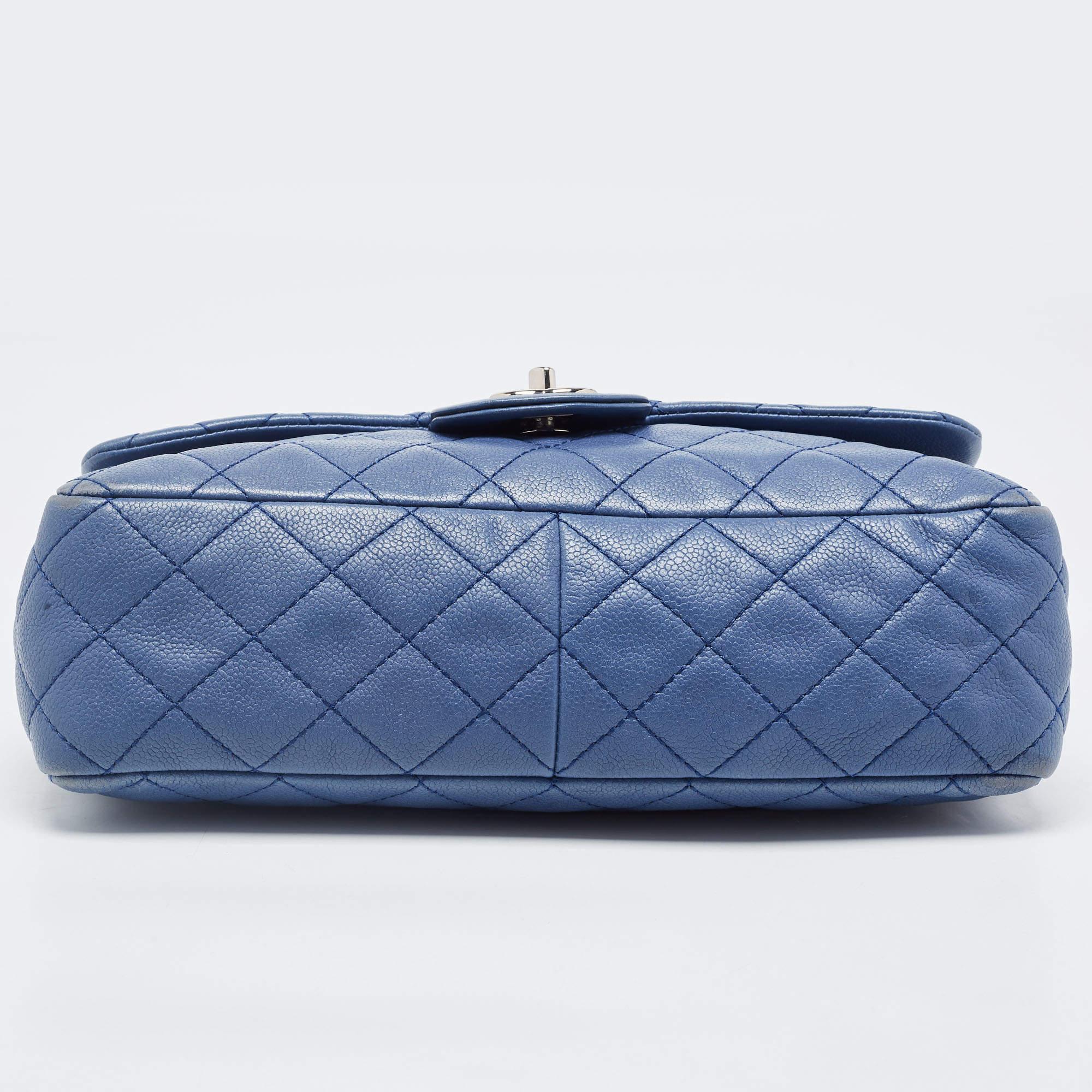 Chanel Blue Quilted Caviar Leather Jumbo Classic Single Flap Bag For Sale 5