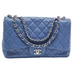Used Chanel Blue Quilted Caviar Leather Jumbo Classic Single Flap Bag